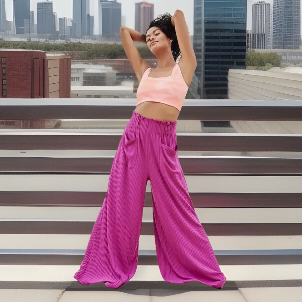 Free People Movement Blissed Out Pant Long Wide Leg Stretch Ribbed Brown - Picture 14 of 17
